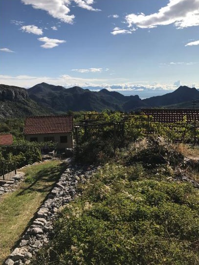 Ein Foto von kleinen Häusern und Gärten in den Bergen.