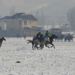 EIn Foto von Reitern in einer Schneelandschaft.